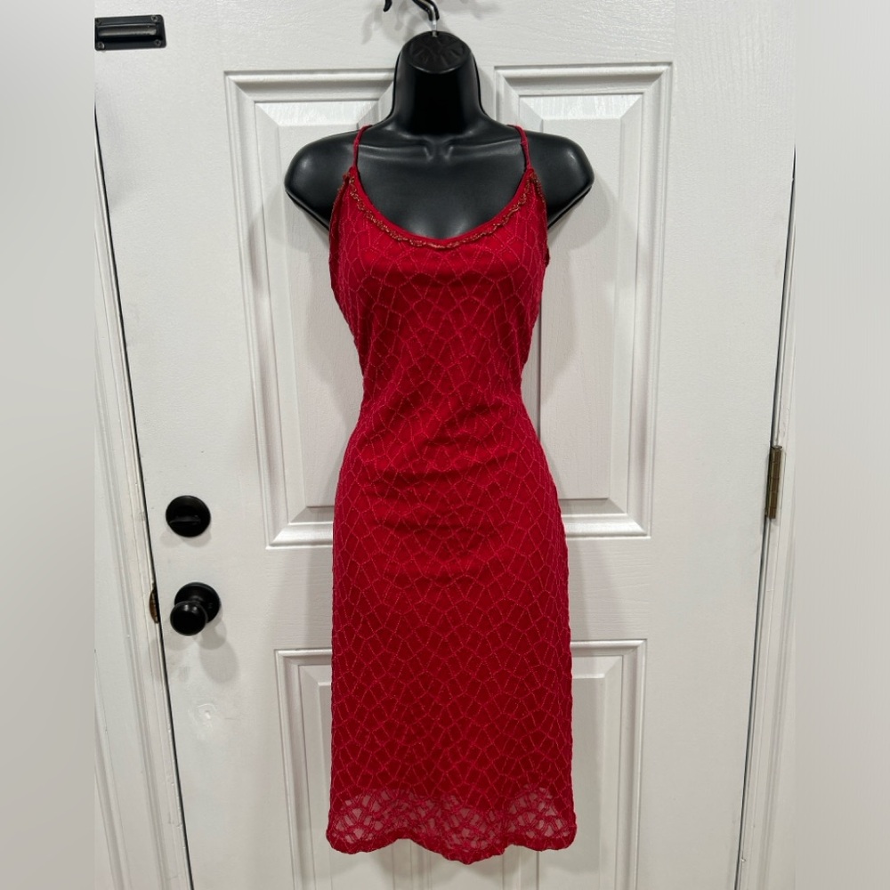 VTG Betsey Johnson New York Y2K  Red Gold Midi Slip Dress Sz M Mesh Y2K